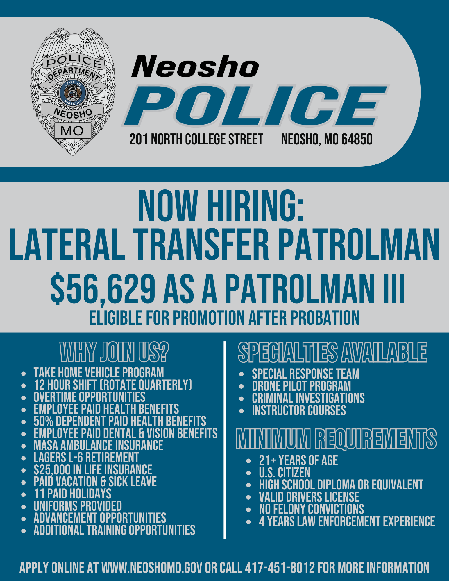 Lateral Transfer Patrolman Neosho Police Recruitment Flyer